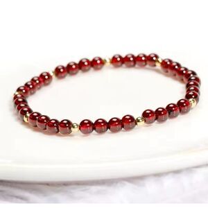 NWOT Natural Garnet Beads & 14k Gold-filled Elastic Beaded Bracelet Wine Red OS